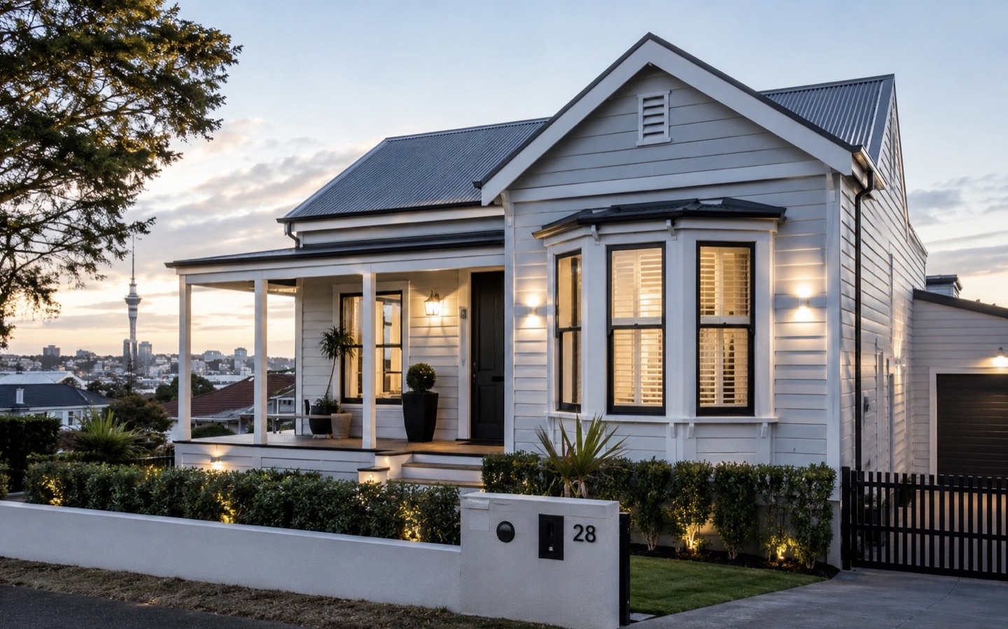 White-painted Herne Bay villa at dusk with the Auckland skyline beyond