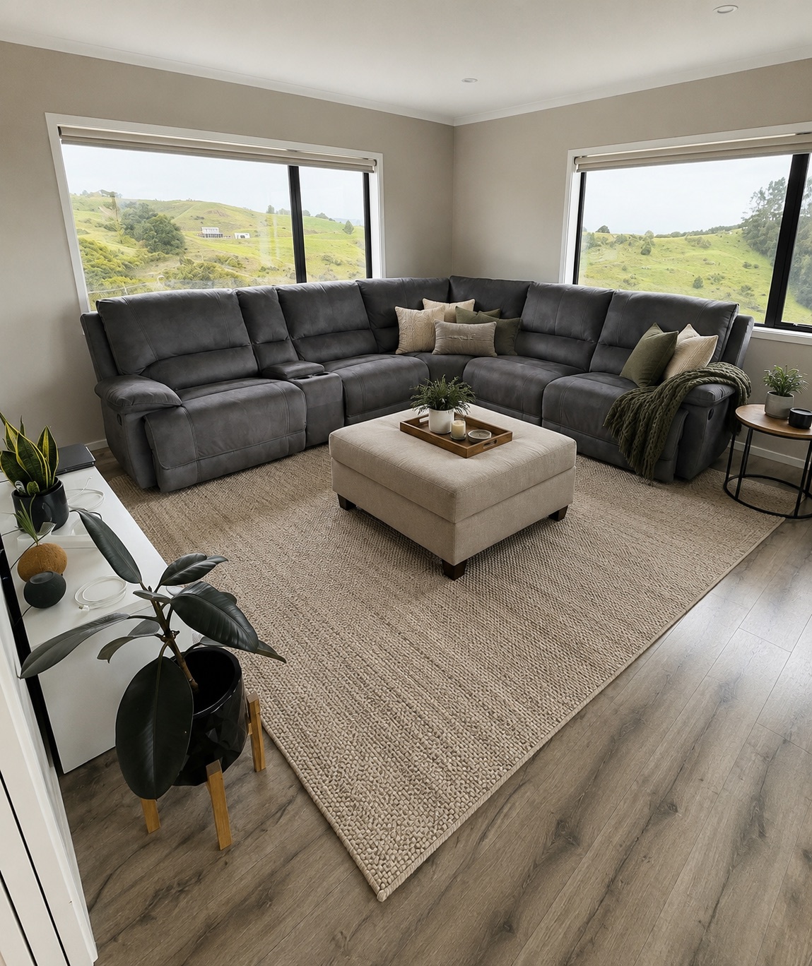 Freshly painted Puhoi living room with a grey sectional sofa and rural views